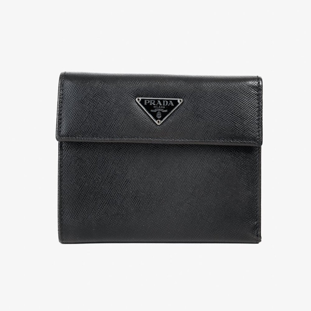 Prada Black Saffiano Compact Trifold Wallet